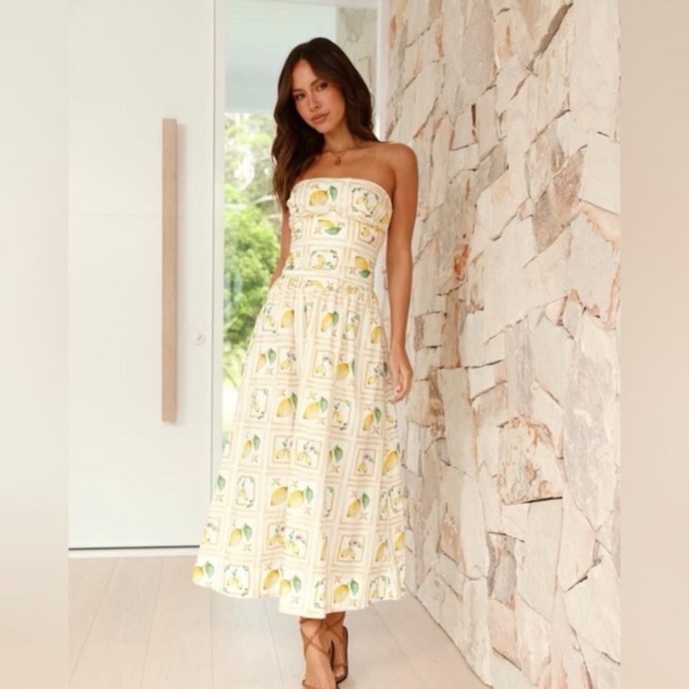 LOFT Strapless Lemon-Print Midi Dress in Cream and Yellow